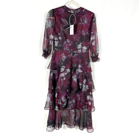 Marchesa Floral Midi Dress Purple Printed Chiffon Tiered Neck Tie Sz 2 Women - Picture 11 of 12